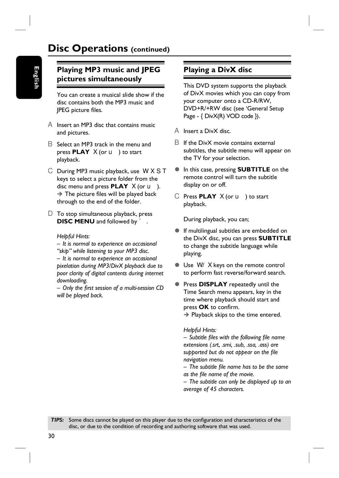 Philips HTS3115 user manual Playing a DivX disc, Playback skips to the time entered 