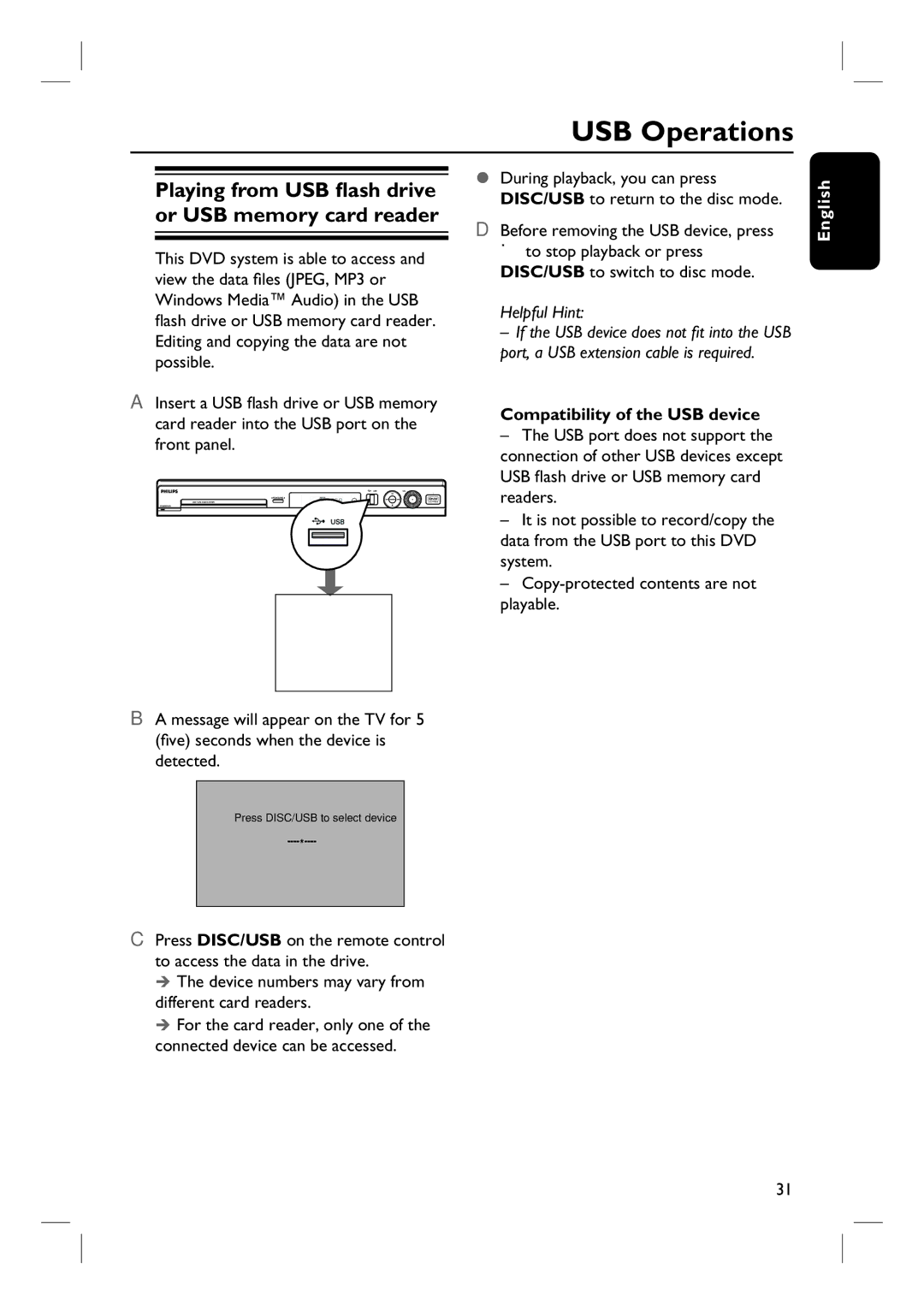 Philips HTS3115 USB Operations, Device numbers may vary from different card readers, Before removing the USB device, press 