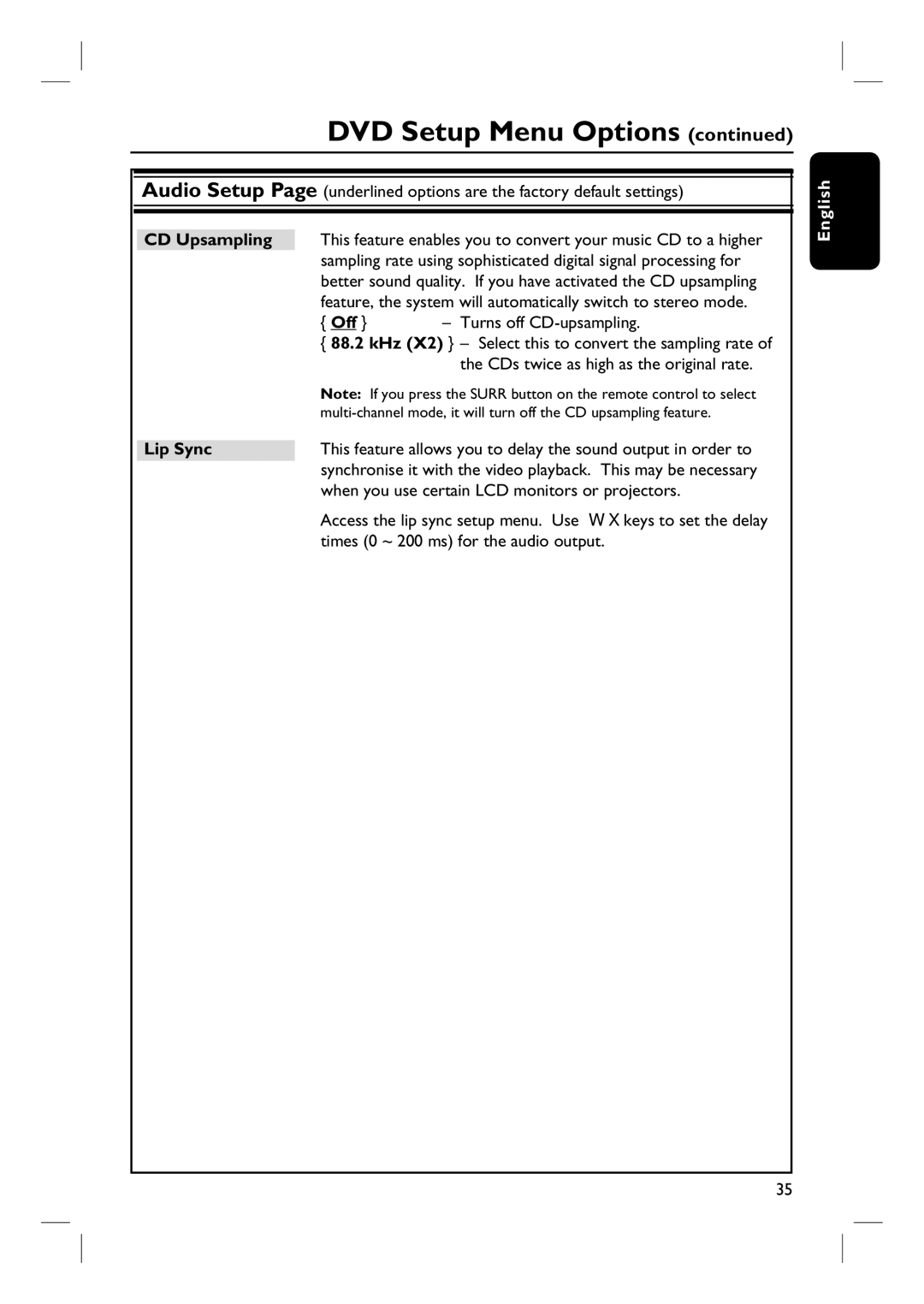 Philips HTS3115 CD Upsampling, Off Turns off CD-upsampling, Lip Sync, When you use certain LCD monitors or projectors 