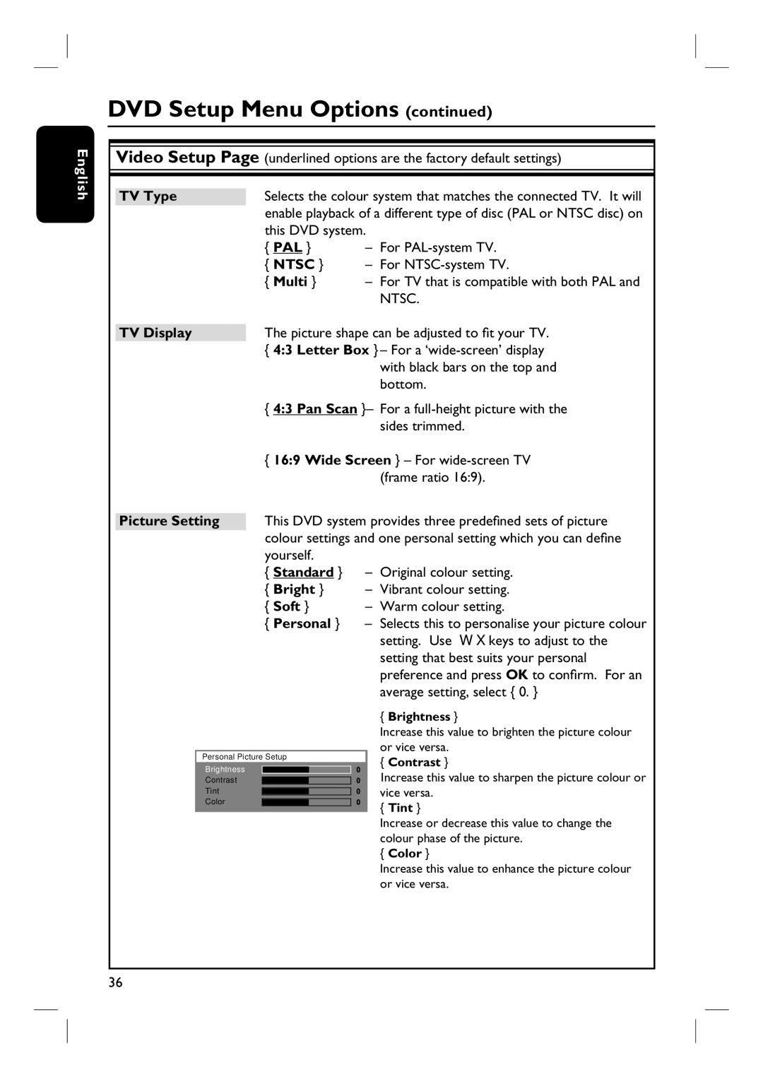 Philips HTS3115 user manual TV Type, TV Display, Pan Scan, Soft 