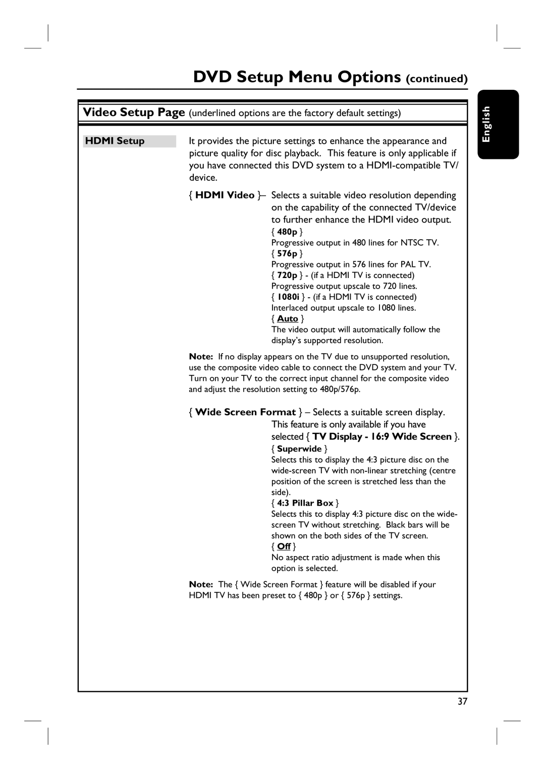 Philips HTS3115 user manual Hdmi Setup, 576p 