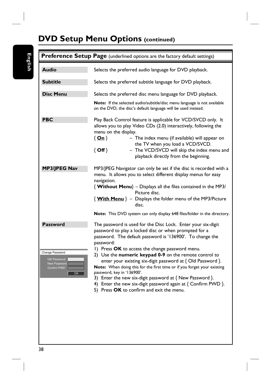 Philips HTS3115 user manual MP3/JPEG Nav Password, TV when you load a VCD/SVCD, Off, Playback directly from the beginning 