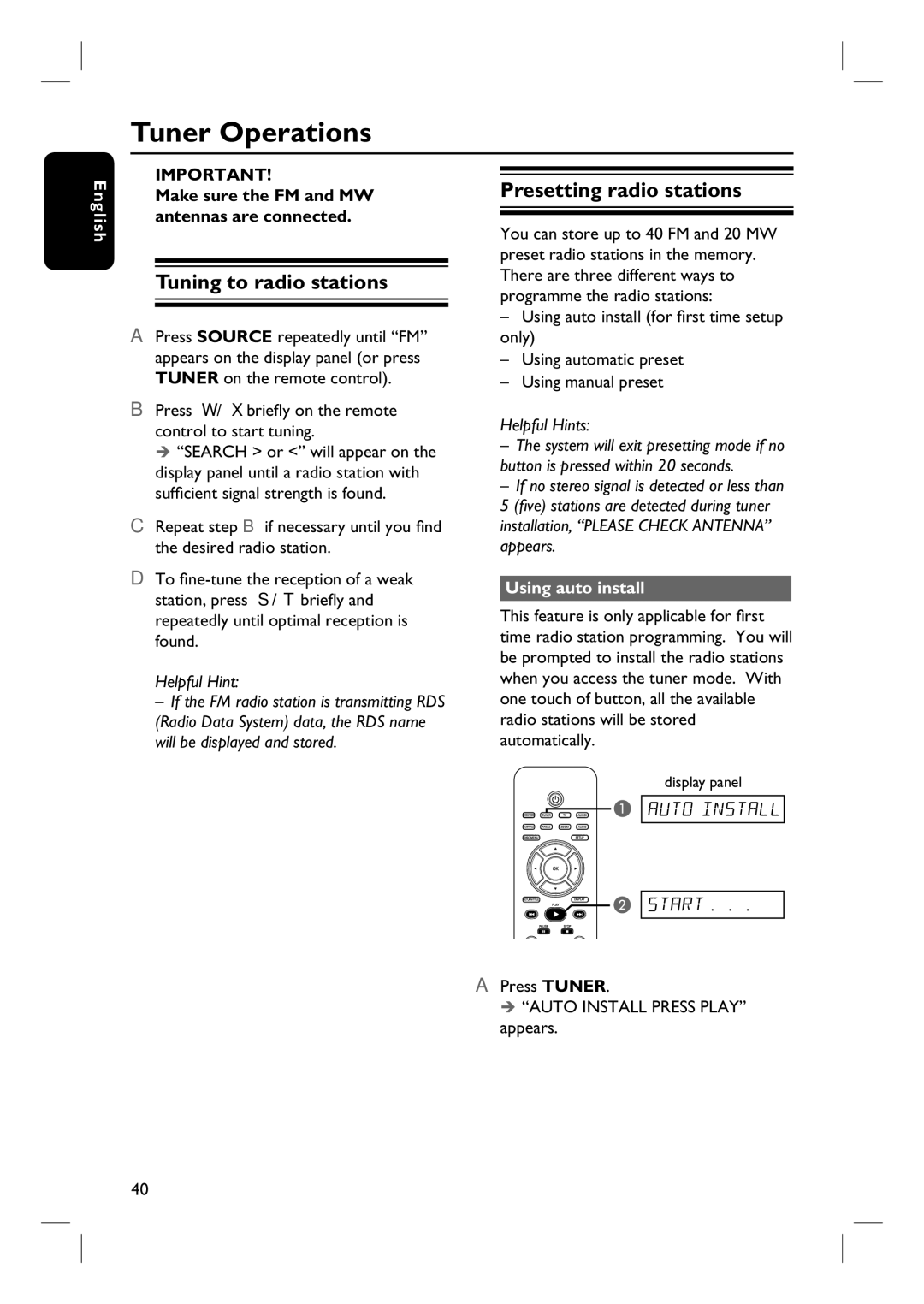 Philips HTS3115 user manual Tuner Operations, Tuning to radio stations, Presetting radio stations, Using auto install 