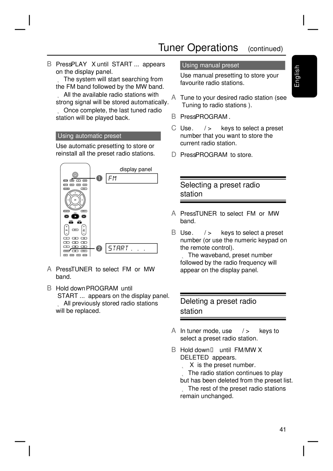 Philips HTS3115 user manual Selecting a preset radio station, Deleting a preset radio station, Using automatic preset 