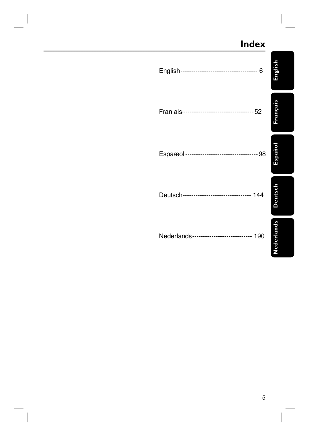 Philips HTS3115 user manual Index, Nederlands Deutsch Español Français English 