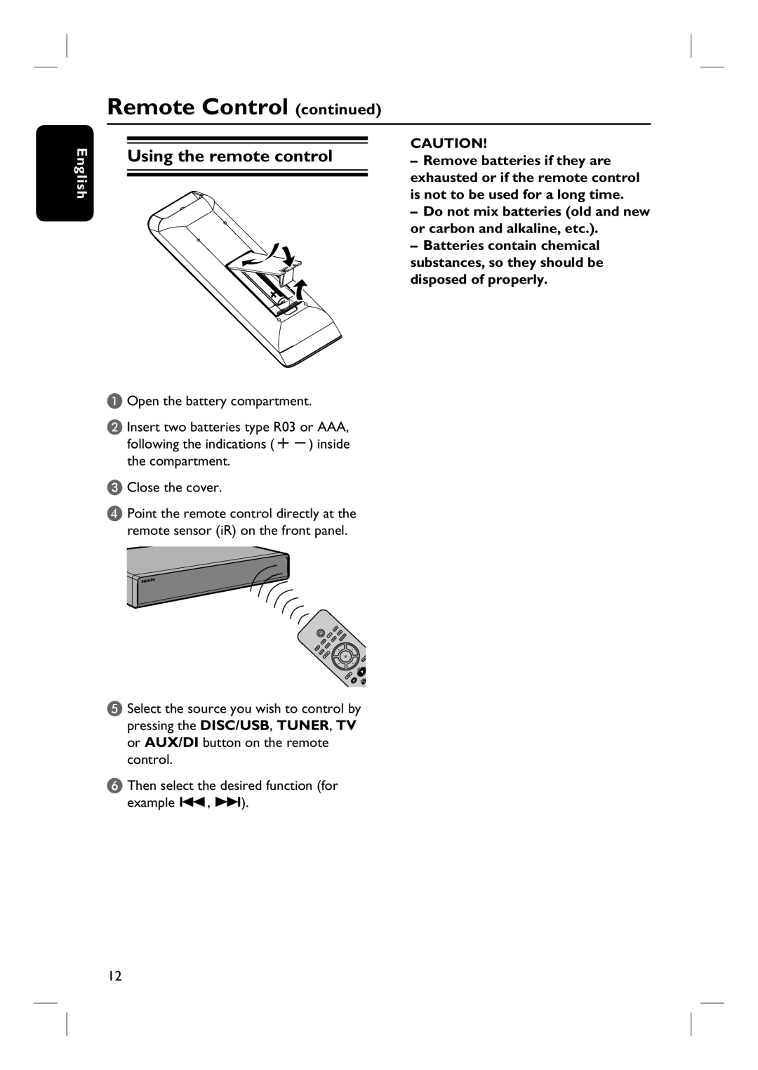 Philips HTS3115 user manual Using the remote control, Remote Control continued, English 