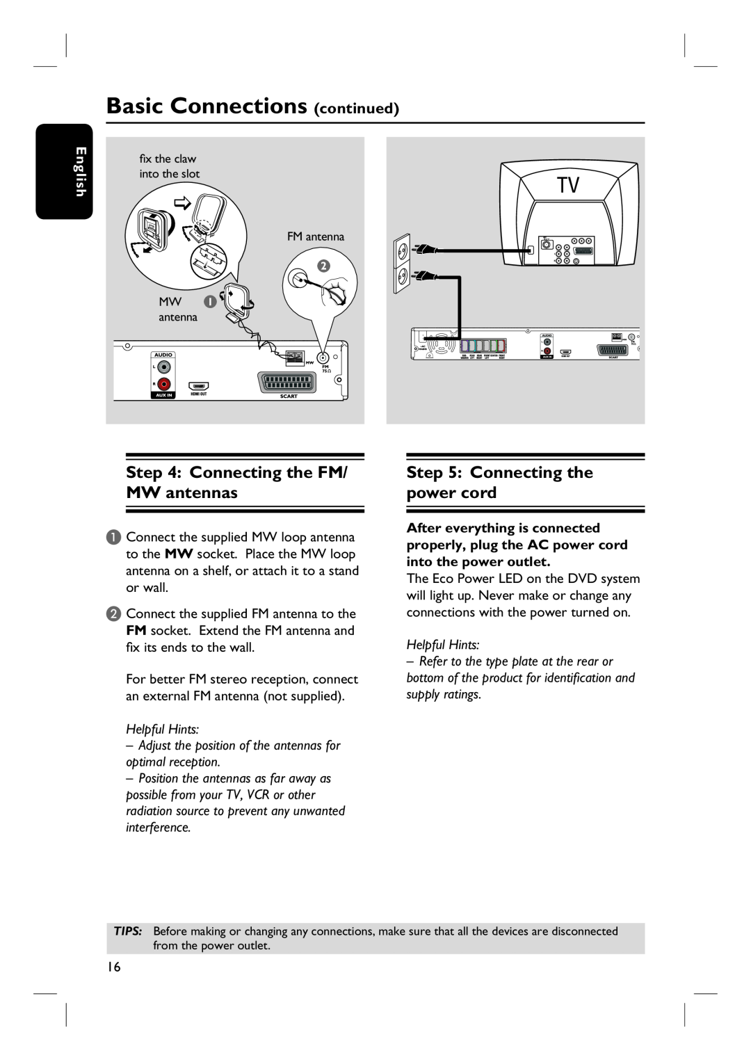 Philips HTS3115 user manual Connecting the FM/ MW antennas, Connecting the power cord, Basic Connections continued, English 