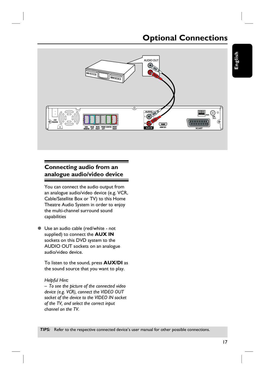 Philips HTS3115 user manual Optional Connections, English, Helpful Hint 