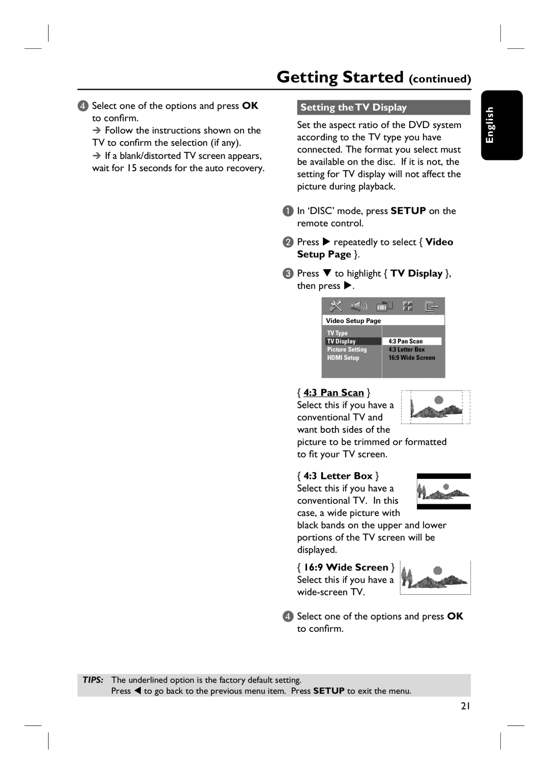 Philips HTS3115 user manual Setting the TV Display, Getting Started continued, English 