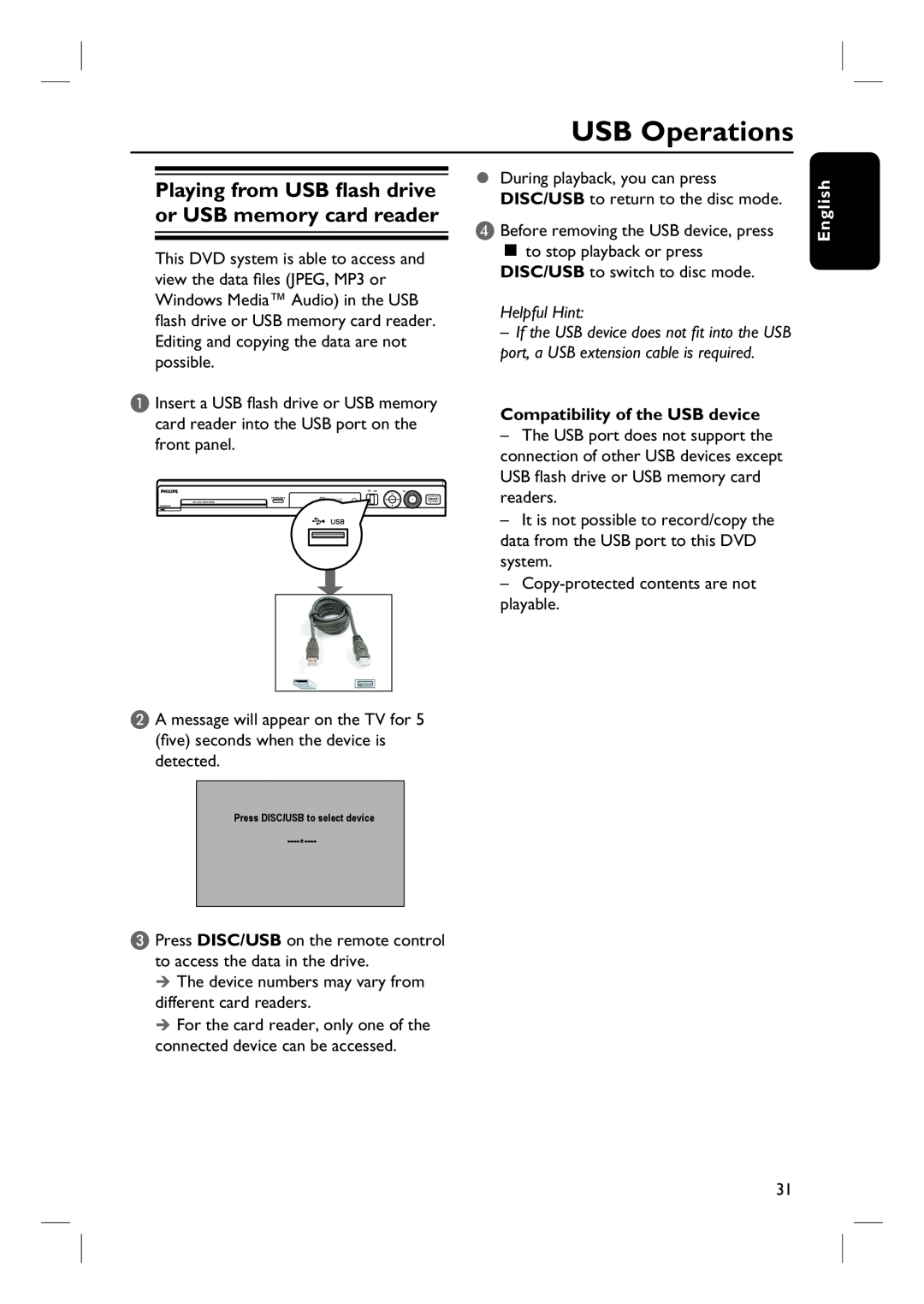 Philips HTS3115 user manual USB Operations, Compatibility of the USB device, Helpful Hint, English 
