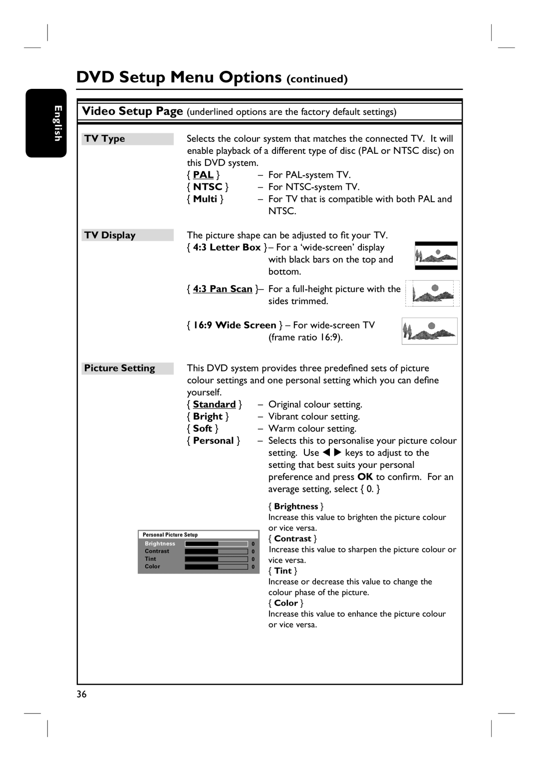 Philips HTS3115 user manual TV Type, TV Display, 4:3 Pan Scan, Soft, DVD Setup Menu Options continued, English, Ntsc, Multi 