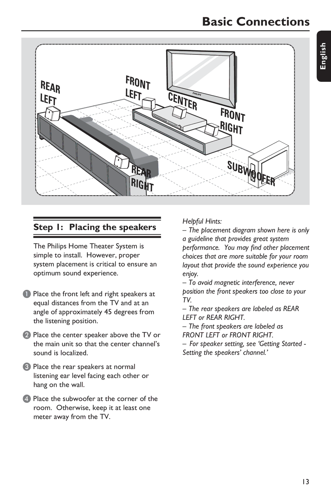 Philips HTS3151D user manual Basic Connections, Placing the speakers 