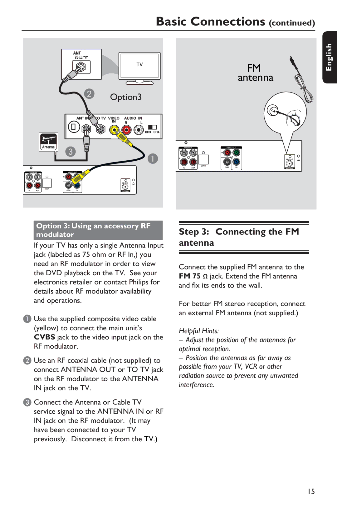 Philips HTS3151D user manual Connecting the FM antenna, English Option 3 Using an accessory RF modulator 