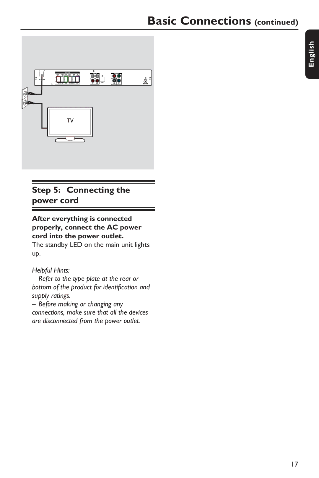 Philips HTS3151D user manual Connecting the power cord, Standby LED on the main unit lights up 