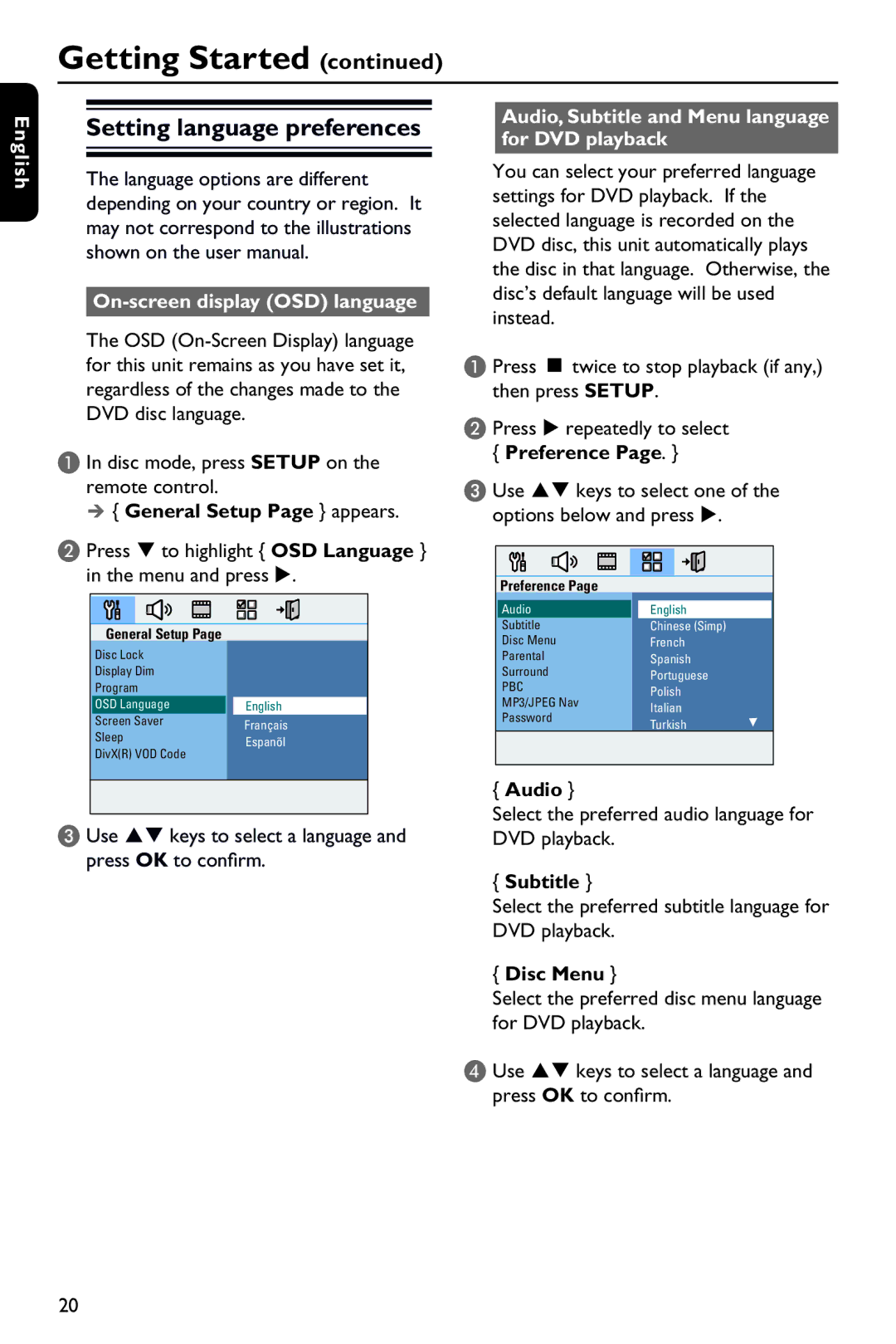 Philips HTS3151D Setting language preferences, On-screen display OSD language,  General Setup Page appears, Preference 