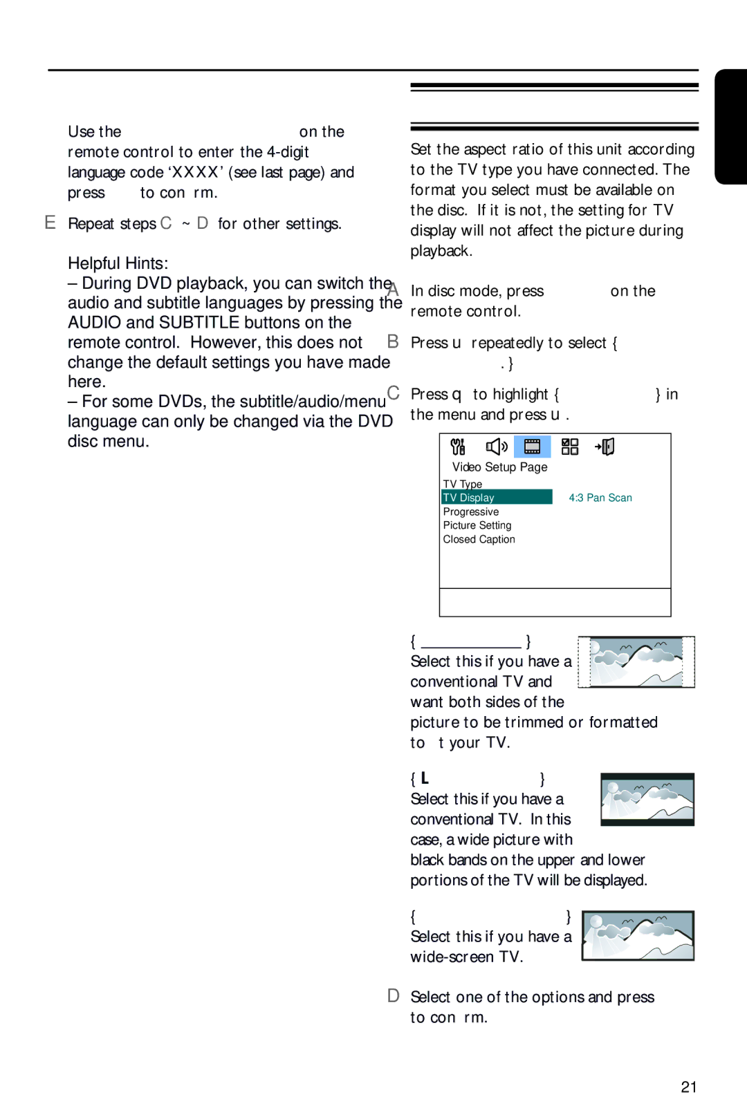 Philips HTS3151D user manual Setting the TV Display, Repeat steps C ~ D for other settings 