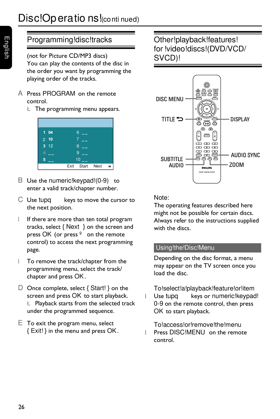 Philips HTS3151D Programming disc tracks, Other playback features for video discs DVD/VCD/ Svcd, Using the Disc Menu 