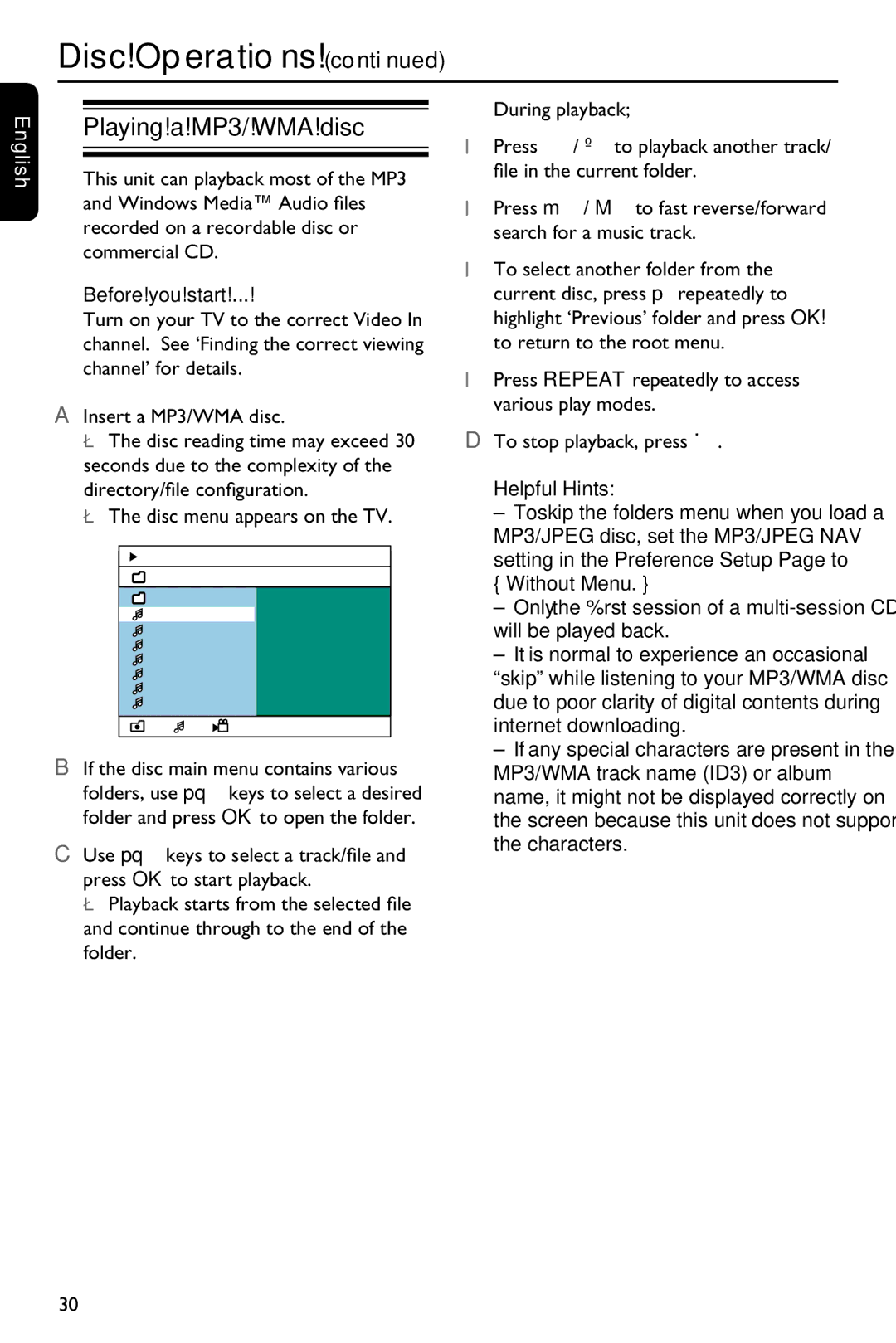 Philips HTS3151D user manual Playing a MP3/ WMA disc,  The disc menu appears on the TV 