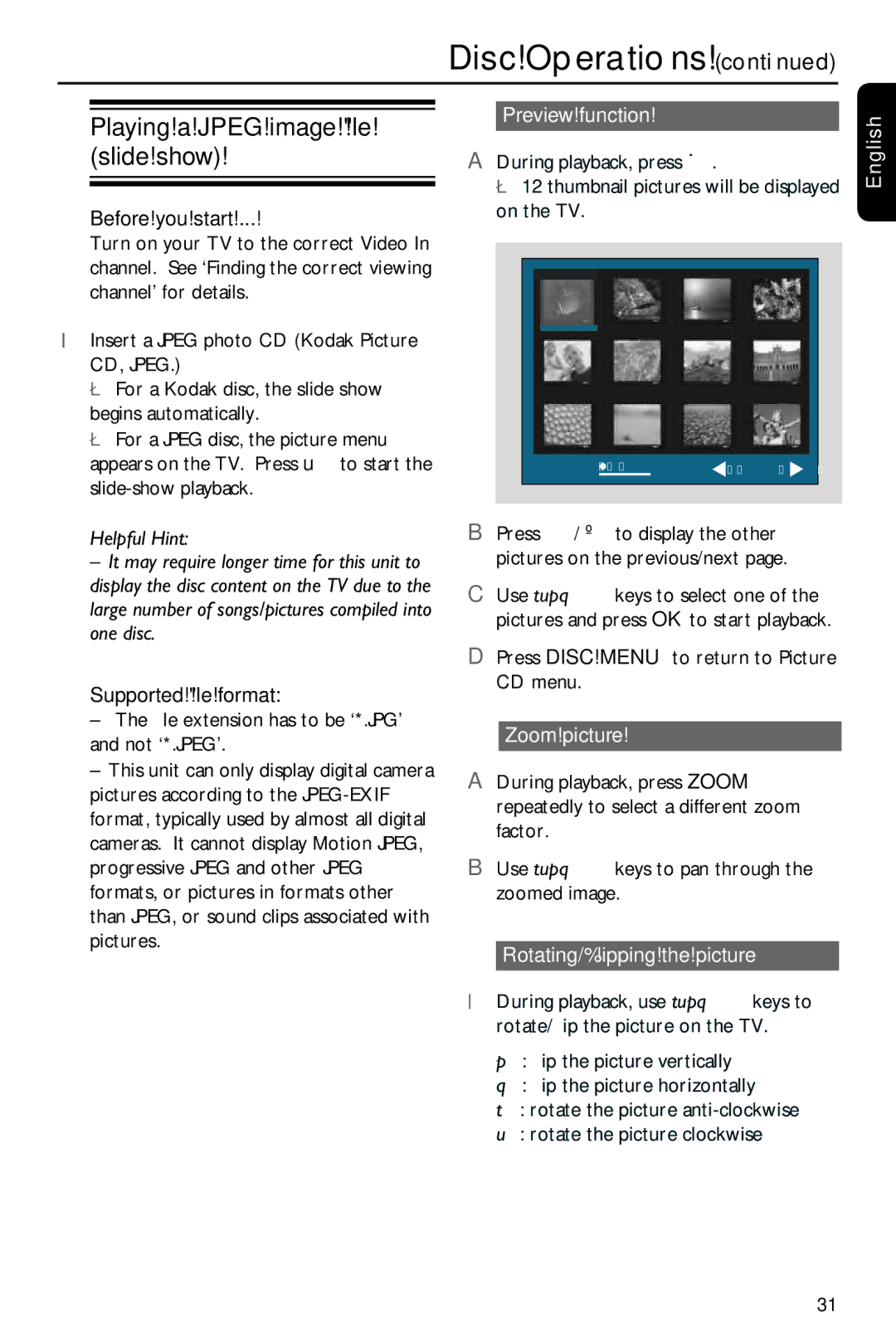 Philips HTS3151D user manual Playing a Jpeg image le slide show, Supported le format, Preview function, Zoom picture 