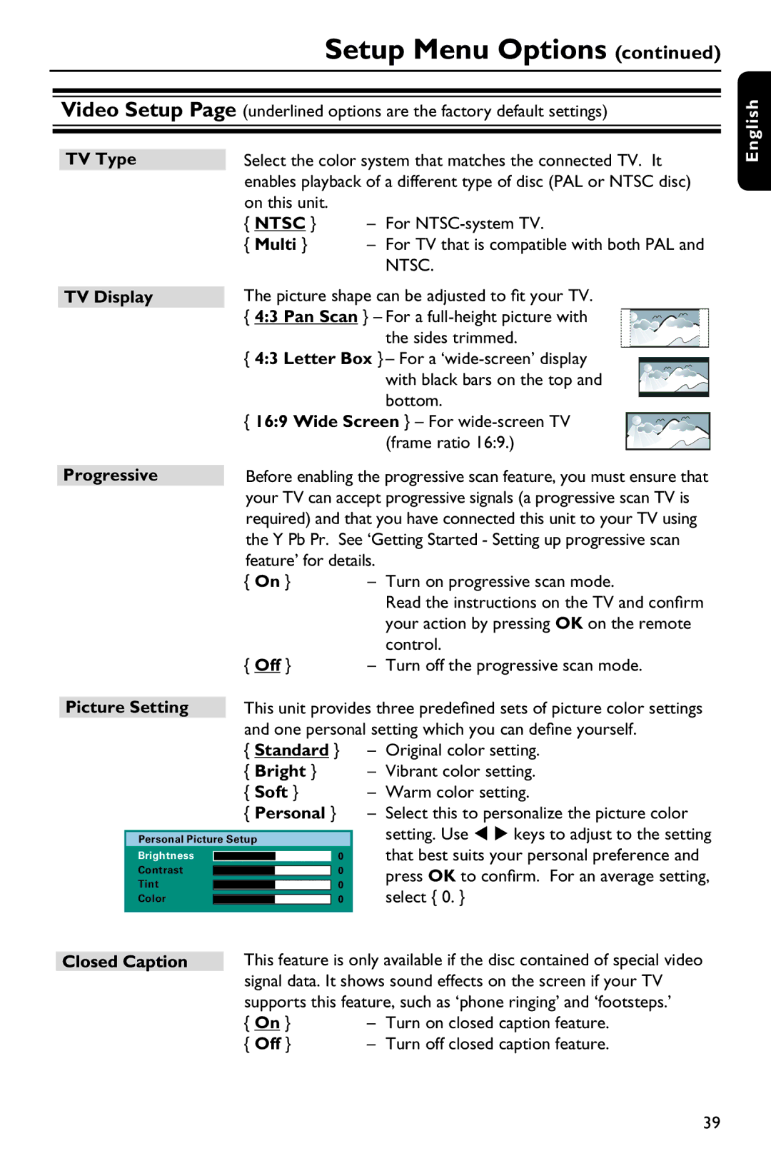 Philips HTS3151D user manual TV Type, Multi, TV Display Progressive Picture Setting, Soft, Closed Caption 