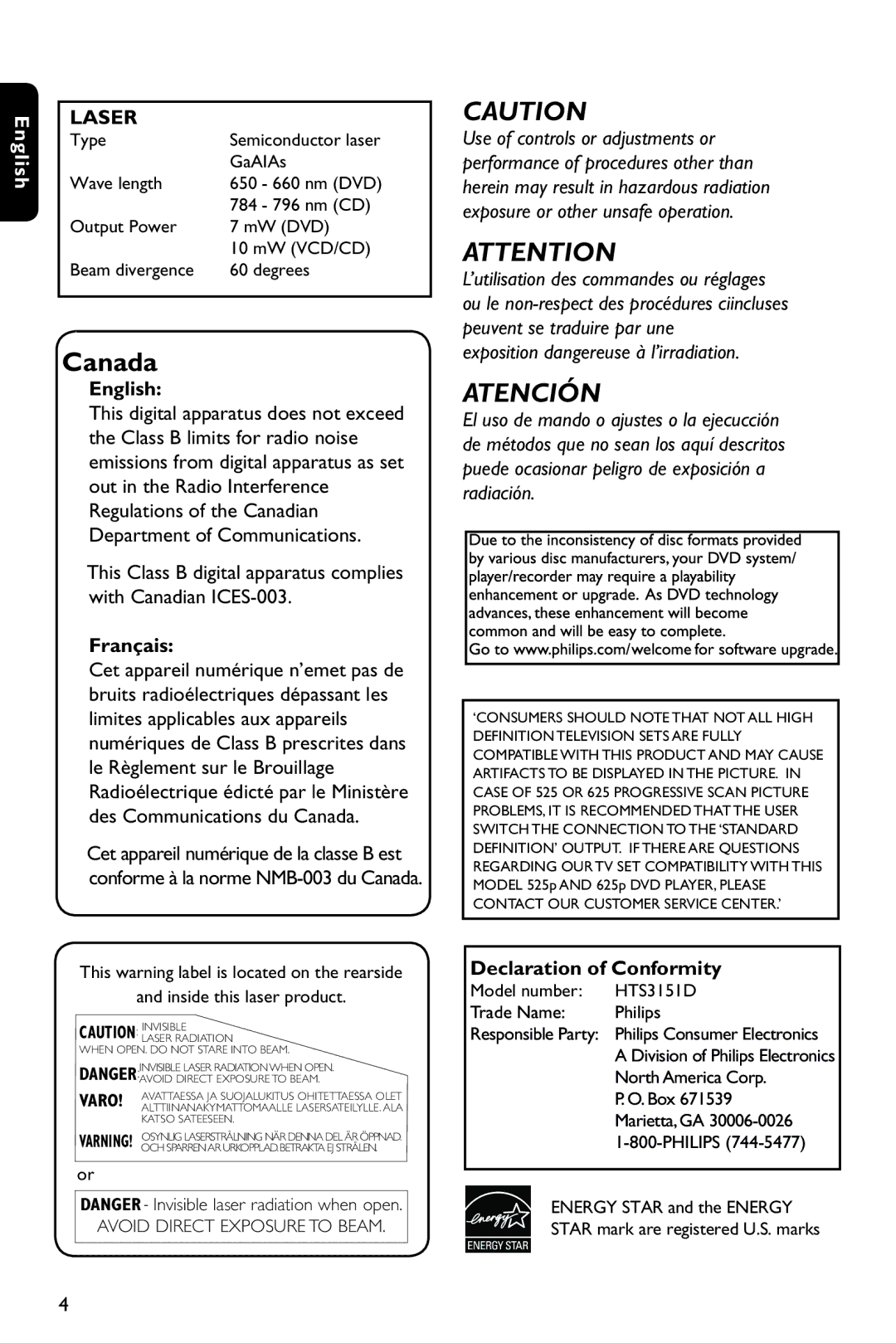 Philips HTS3151D user manual English, Français, Declaration of Conformity 