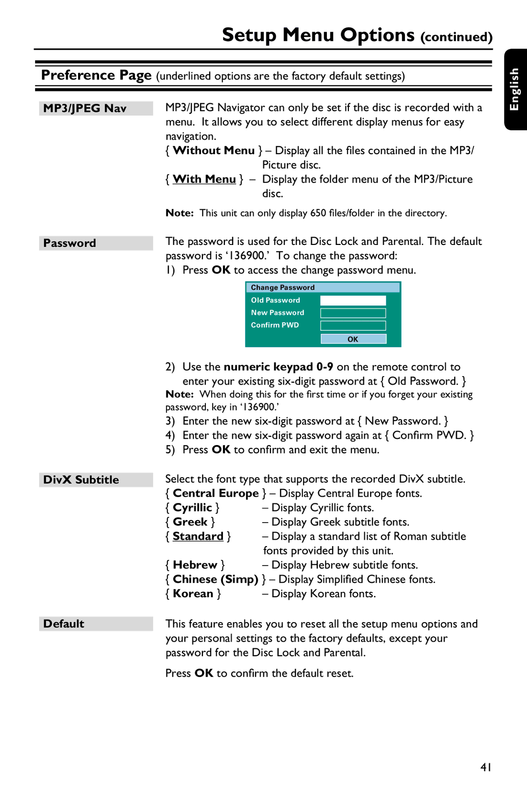 Philips HTS3151D user manual MP3/JPEG Nav, Password, DivX Subtitle Default, Cyrillic, Greek 