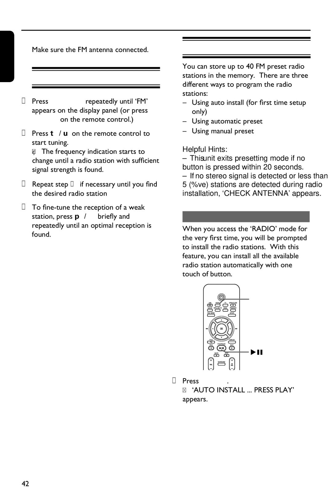 Philips HTS3151D user manual Radio Operations, Tuning to radio stations, Presetting radio stations, Using auto install 