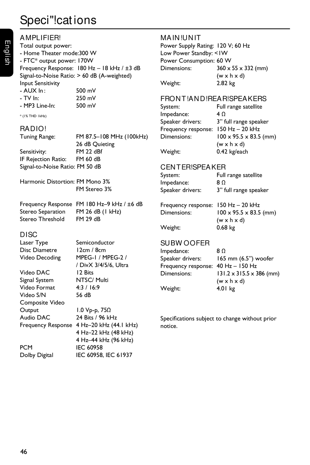 Philips HTS3151D user manual Specications, Amplifier 