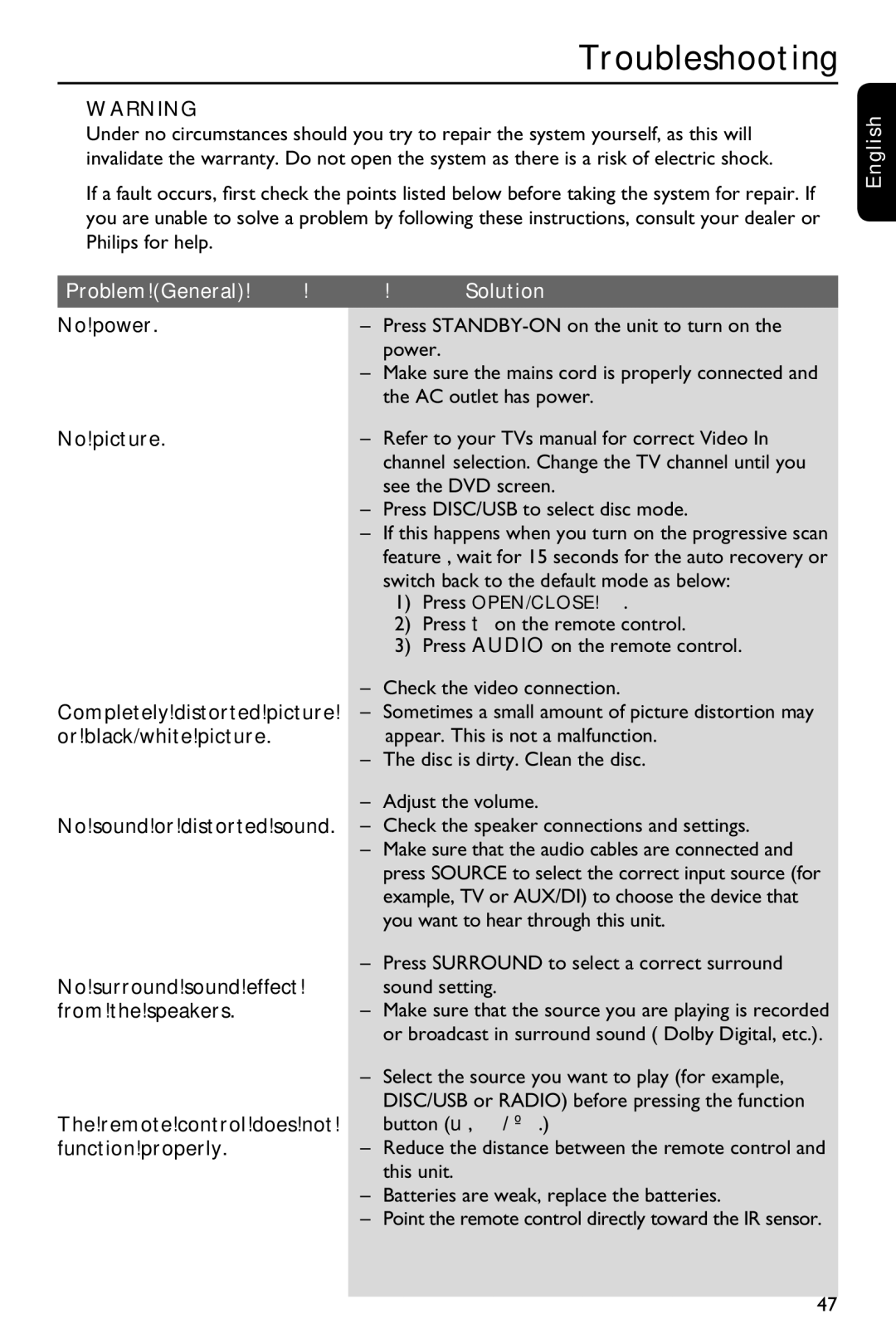 Philips HTS3151D user manual Troubleshooting, Problem General Solution, No power, No picture 