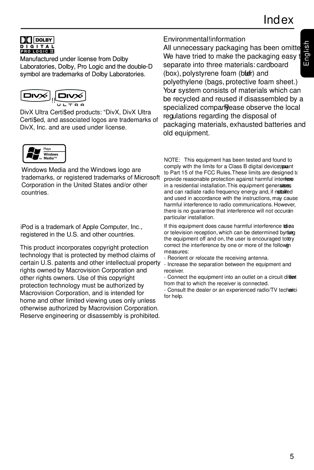 Philips HTS3151D user manual Index, Environmental information, Regulations regarding the disposal, Old equipment 