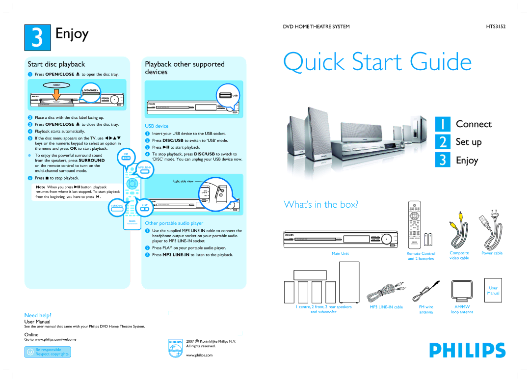 Philips HTS3152/51 quick start Enjoy, Need help?, USB device, Other portable audio player 