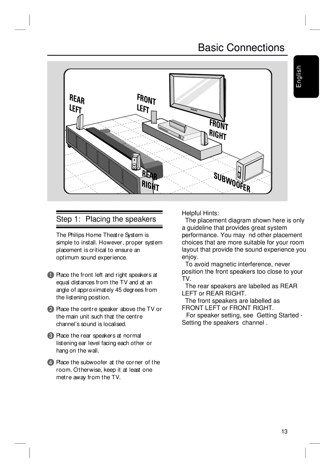 Philips HTS3152/93 user manual Basic Connections, Placing the speakers 