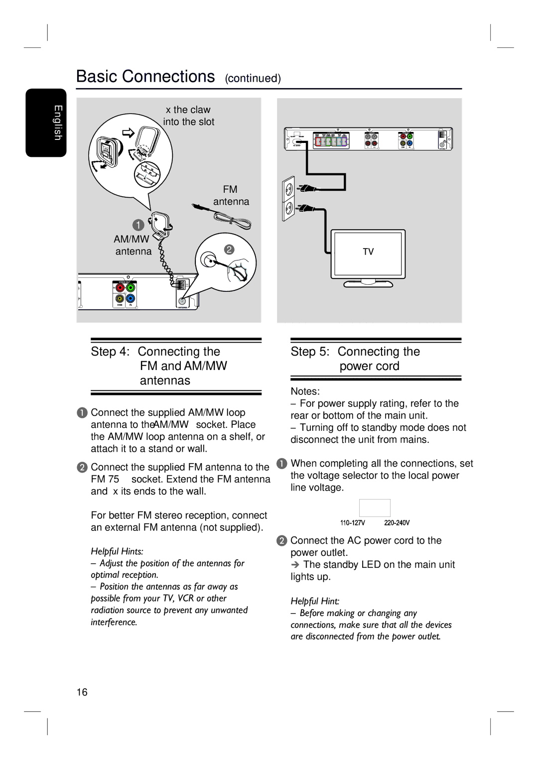 Philips HTS3152/93 Connecting the FM and AM/MW antennas, Connecting the power cord, Fi x the claw into the slot, Antenna 