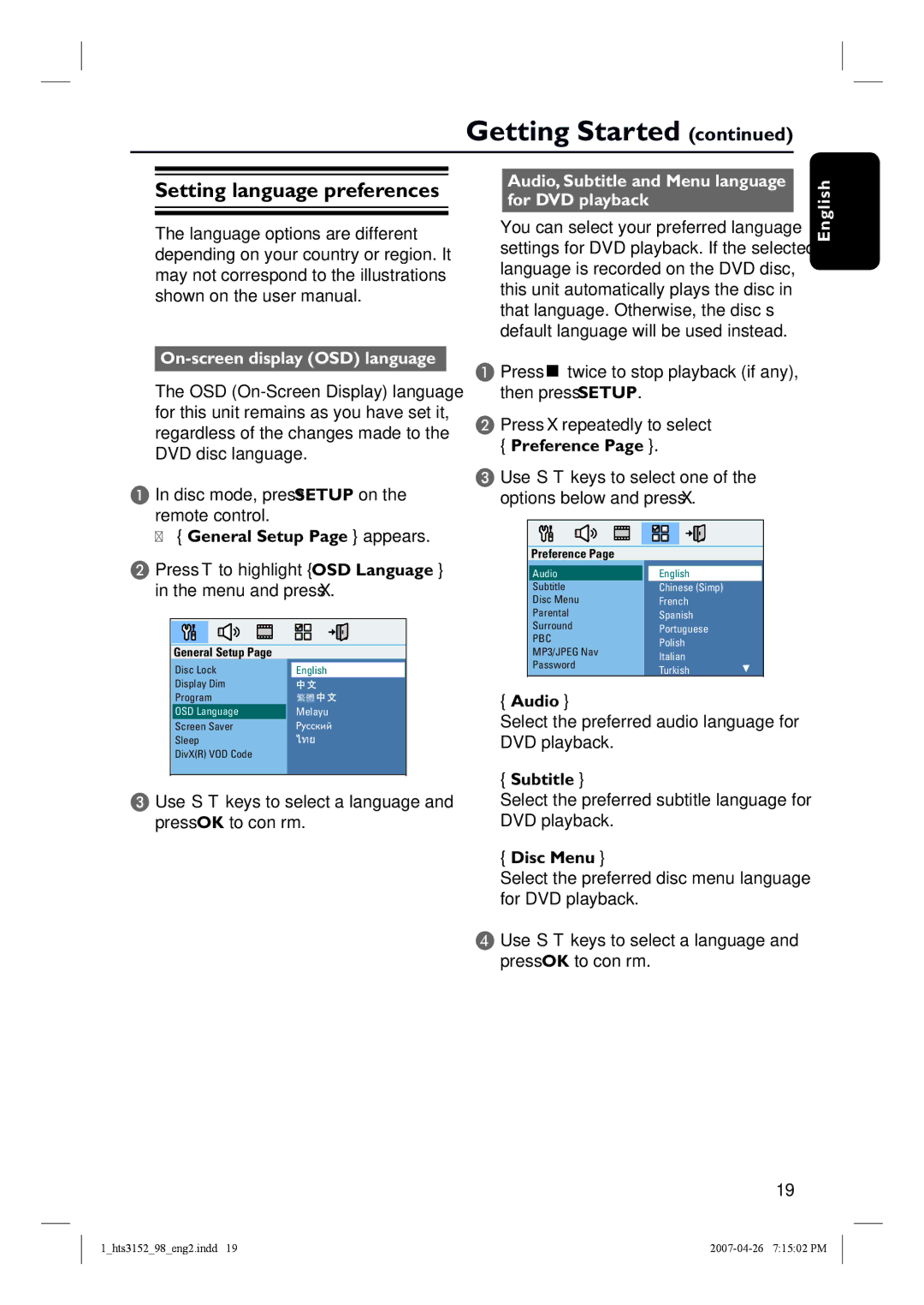 Philips HTS3152/93 Setting language preferences, On-screen display OSD language, General Setup Page appears, Preference 