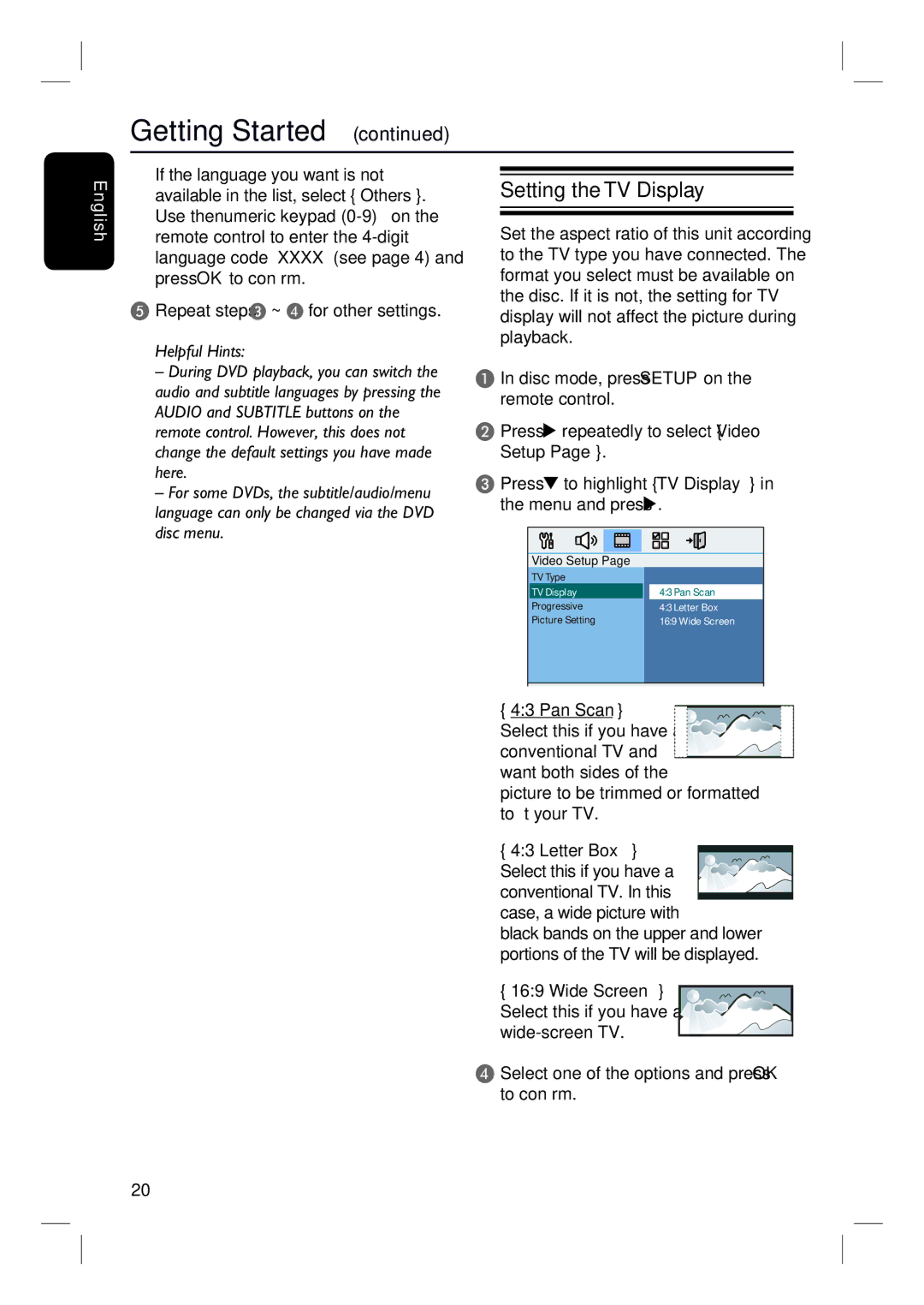 Philips HTS3152/93 user manual Setting the TV Display, Repeat steps C ~ D for other settings 