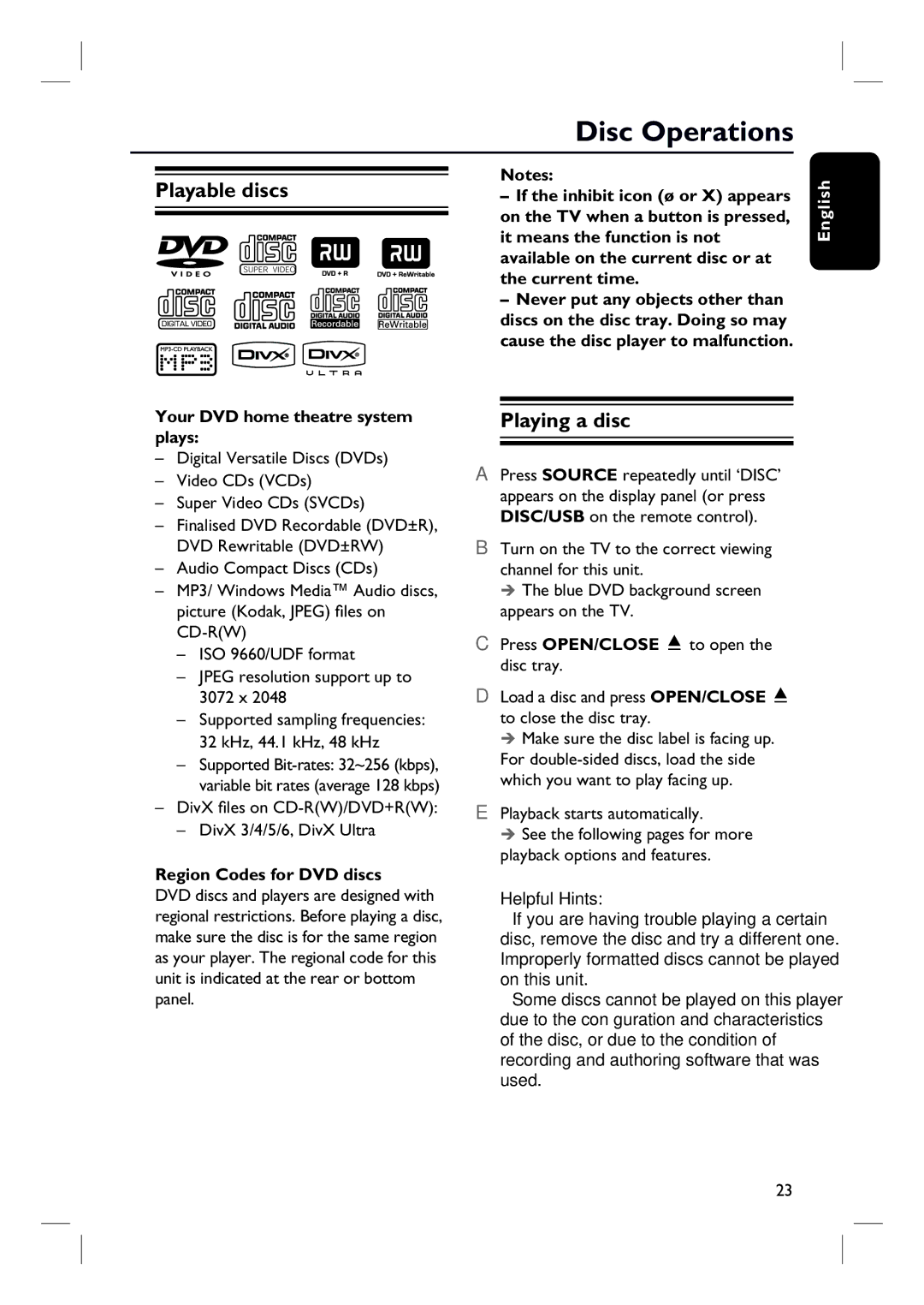 Philips HTS3152/93 user manual Disc Operations, Playable discs, Playing a disc, Your DVD home theatre system plays 