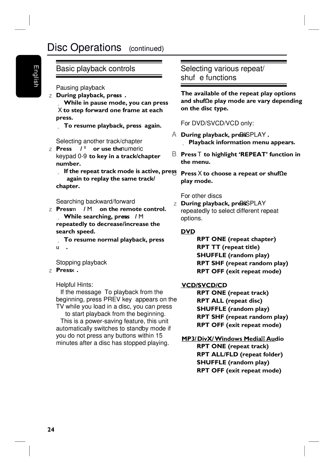 Philips HTS3152/93 user manual Basic playback controls, Selecting various repeat/ shuffle functions 