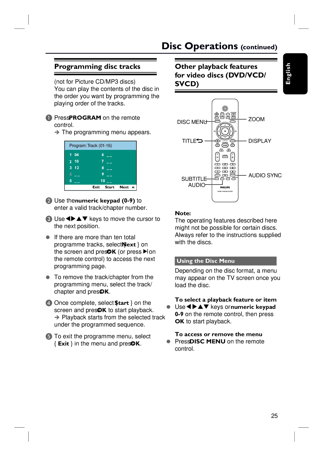 Philips HTS3152/93 Programming disc tracks, Other playback features for video discs DVD/VCD/ Svcd, Using the Disc Menu 