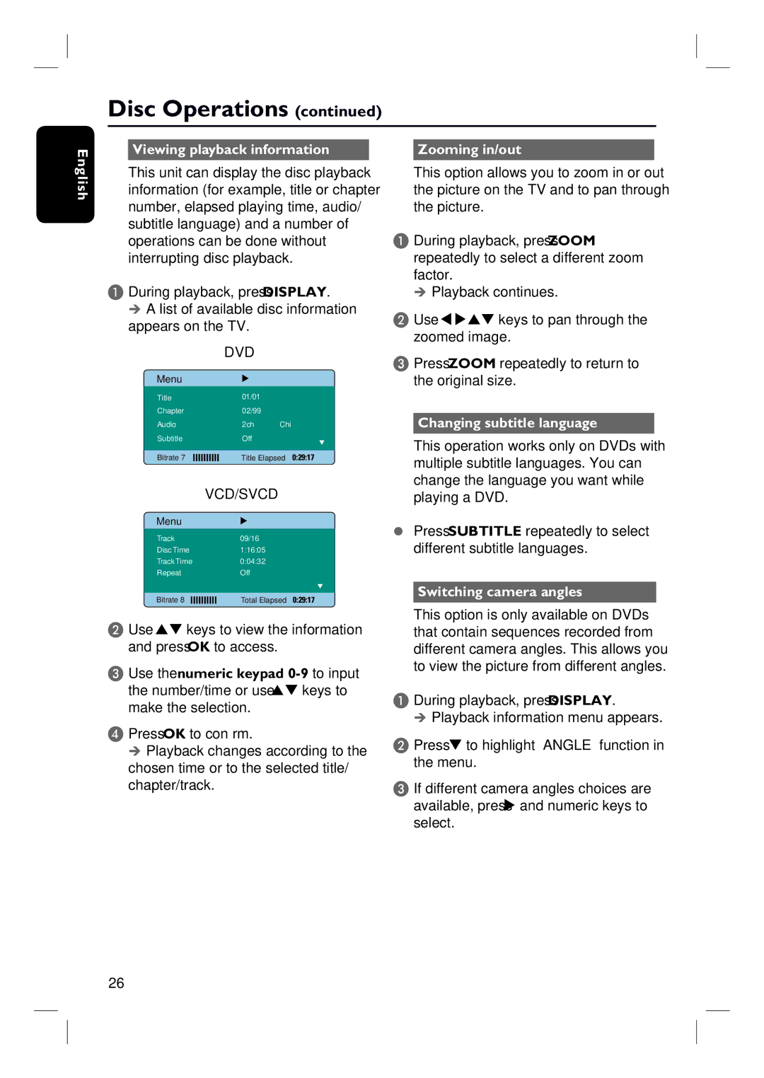 Philips HTS3152/93 user manual English Viewing playback information, Use, Zooming in/out, Changing subtitle language 