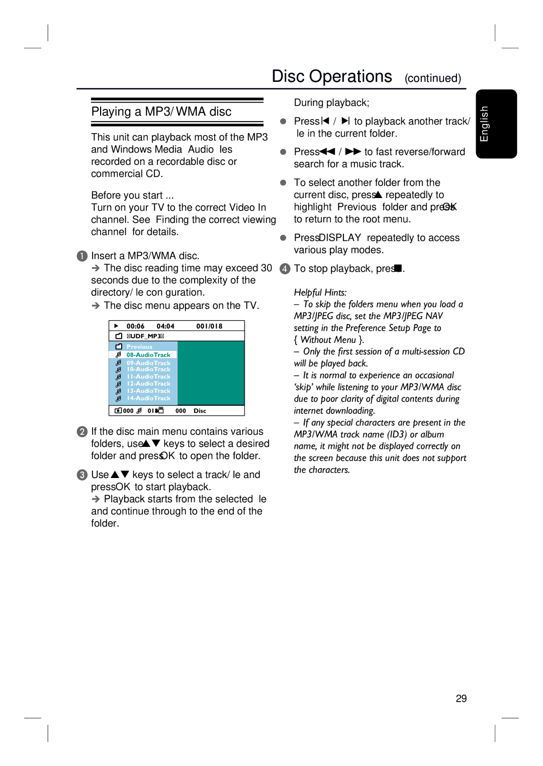 Philips HTS3152/93 user manual Playing a MP3/ WMA disc, Disc menu appears on the TV, If the disc main menu contains various 