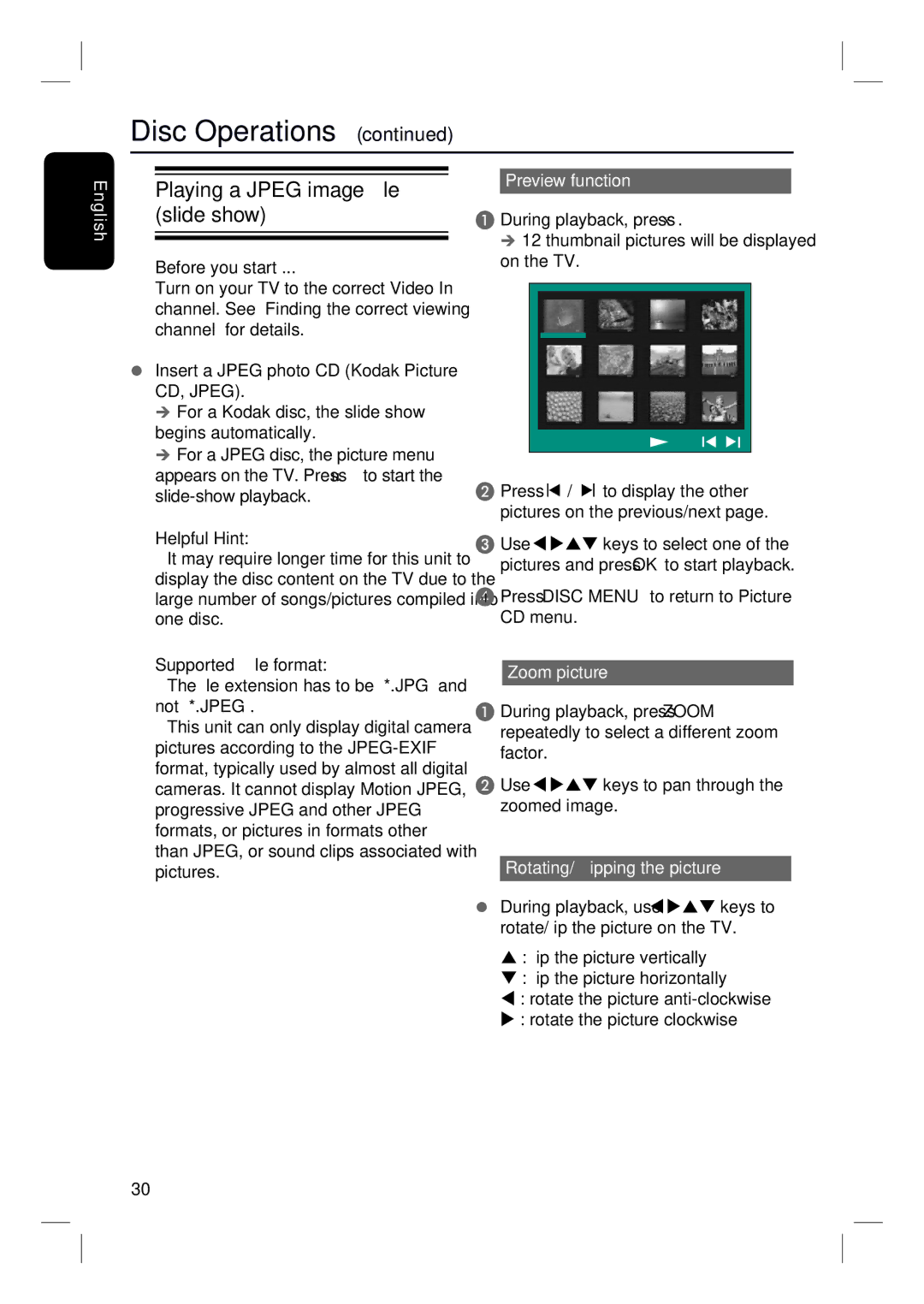 Philips HTS3152/93 user manual Playing a Jpeg image file slide show, Supported file format, Preview function, Zoom picture 