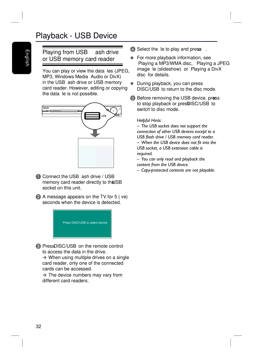 Philips HTS3152/93 user manual Playback USB Device, Playing from USB flash drive or USB memory card reader 