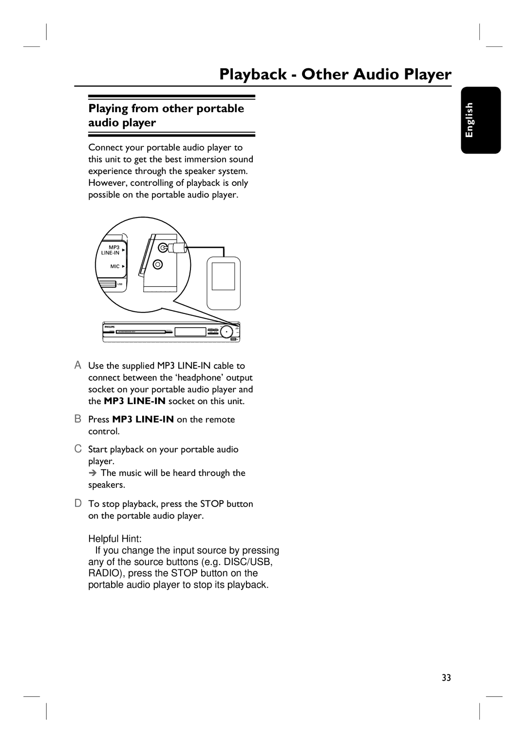 Philips HTS3152/93 user manual Playback Other Audio Player, Playing from other portable audio player 