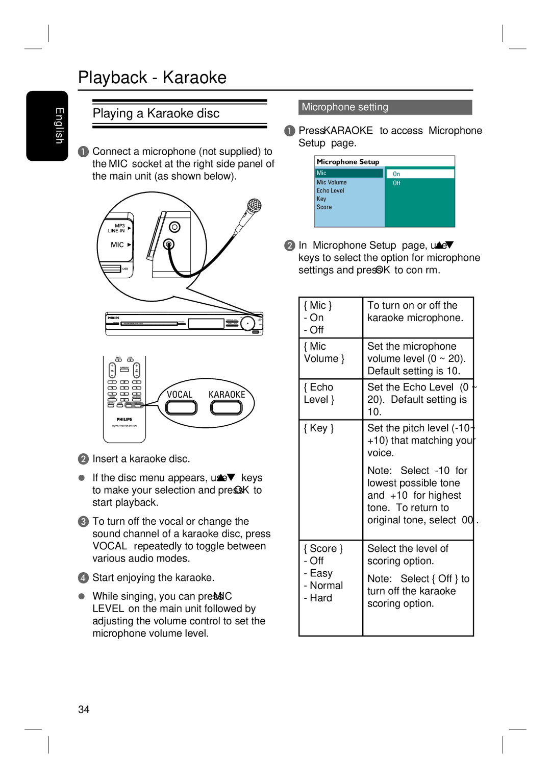 Philips HTS3152/93 user manual Playback Karaoke, Playing a Karaoke disc, Microphone setting 