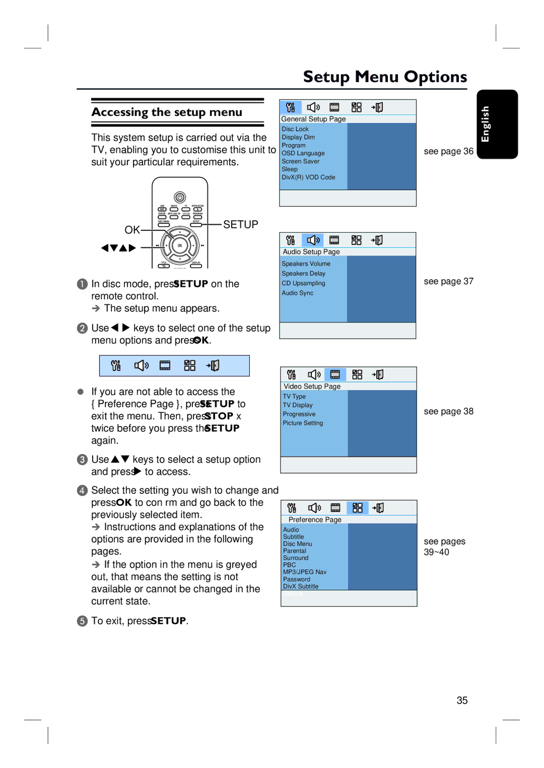 Philips HTS3152/93 user manual Setup Menu Options, Accessing the setup menu, OK Setup, To access 