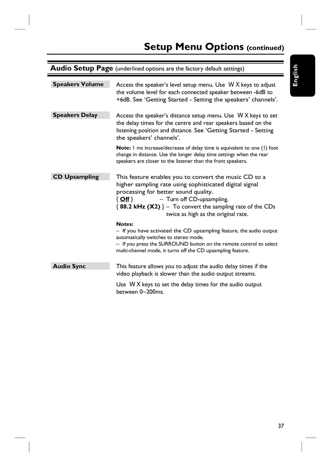 Philips HTS3152/93 user manual Speakers Volume, Speakers Delay, CD Upsampling 