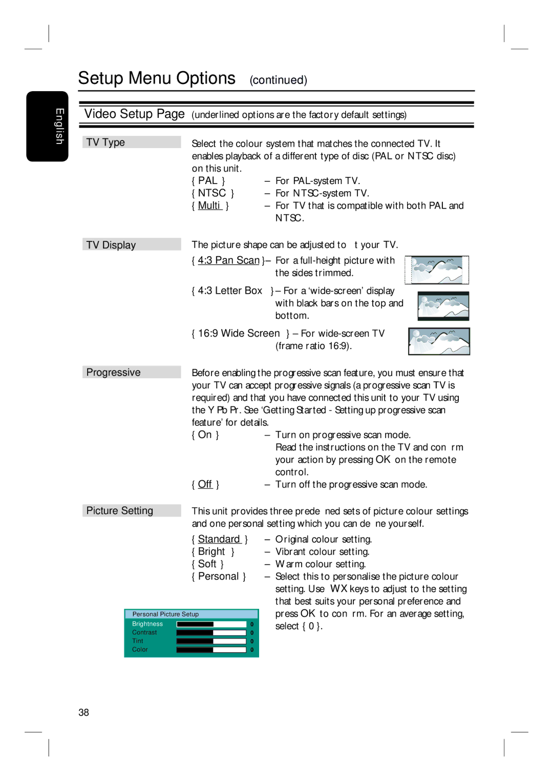 Philips HTS3152/93 user manual TV Type, Pal, Ntsc, Multi, TV Display, Pan Scan, Progressive, Picture Setting 