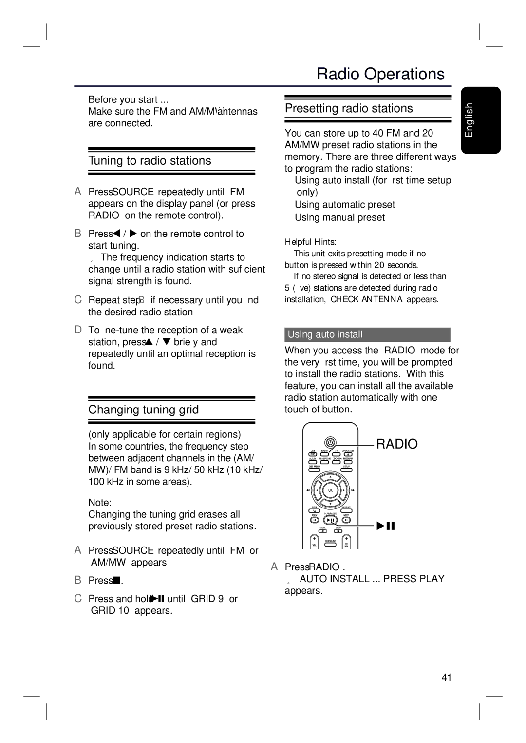 Philips HTS3152/93 user manual Radio Operations, Tuning to radio stations, Changing tuning grid, Presetting radio stations 