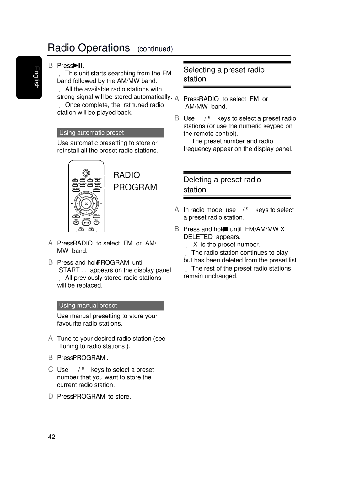 Philips HTS3152/93 Selecting a preset radio station, Deleting a preset radio, Using automatic preset, Using manual preset 