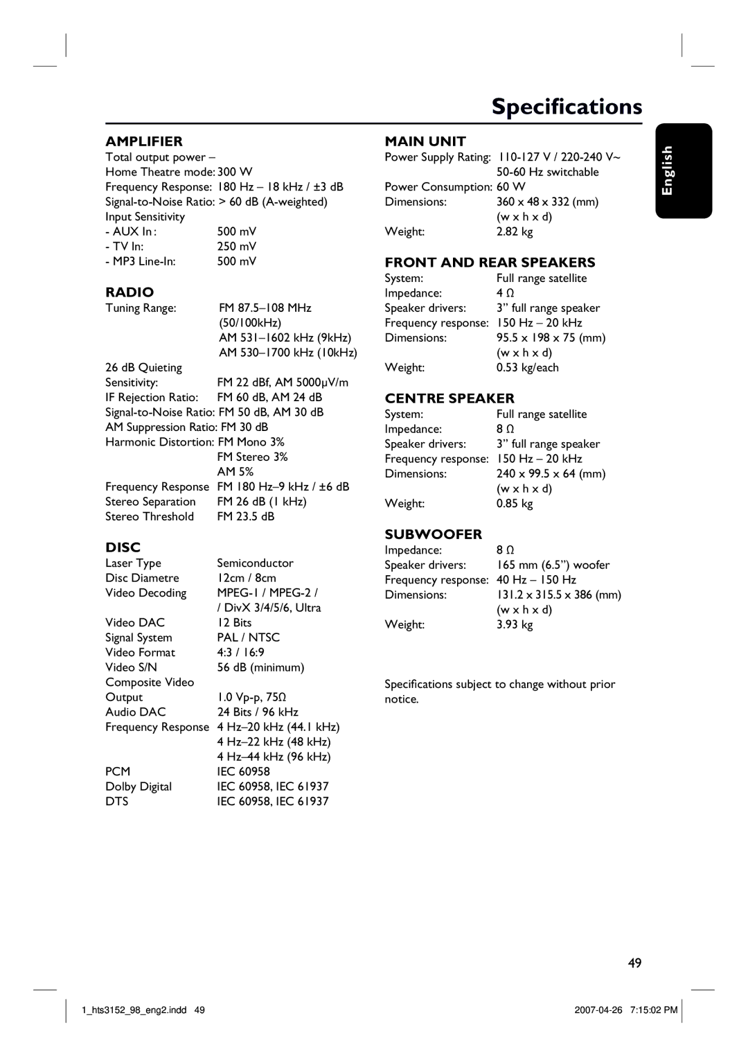 Philips HTS3152/93 user manual Specifications, Amplifier 